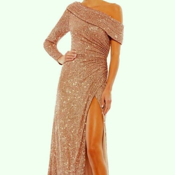Mac Duggal Copper Sequin One-Shoulder Side Slit Gown - Picture 1 of 7